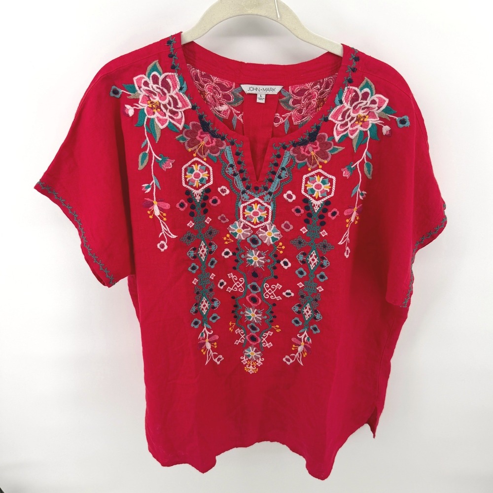 John Mark Blouse Embroidered Linen Large Red Womens Boho Peasant Top Floral